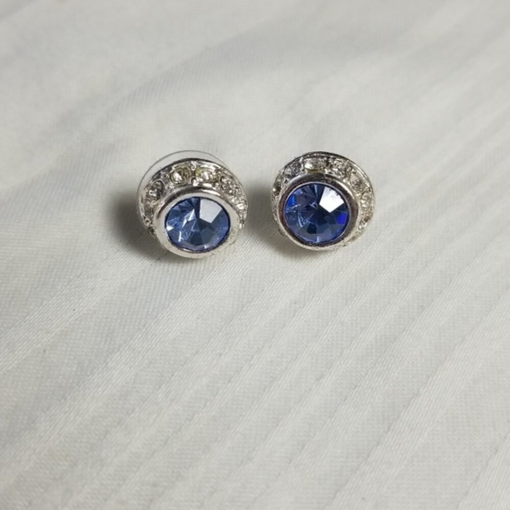 Silver Blue Clear Rhinestone Round Stud Earrings